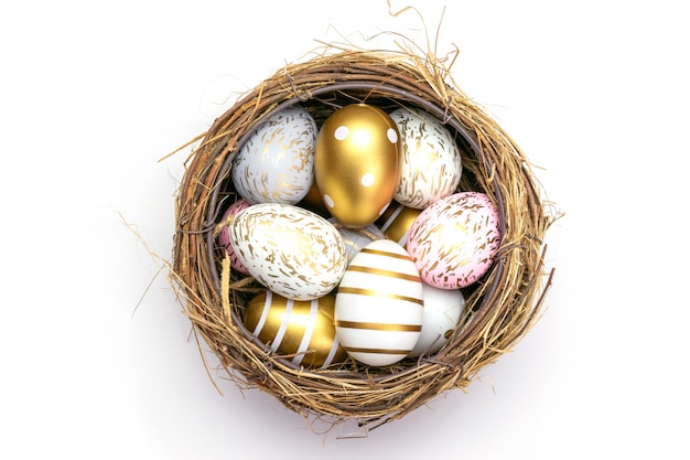 Happy Easter background. Colorful shine decorated eggs isolated on white. For greeting card, promotion, poster, flyer, web-banner, article