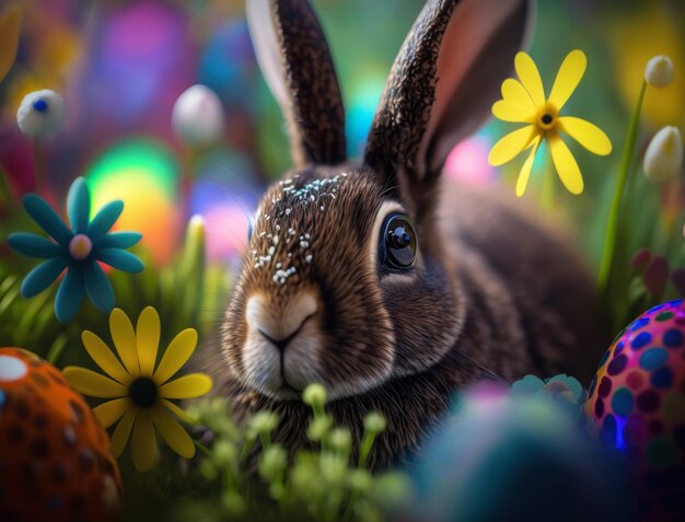 Happy Easter background concept Bunny with easter eggs on meadow with flowers created with Generative AI technology