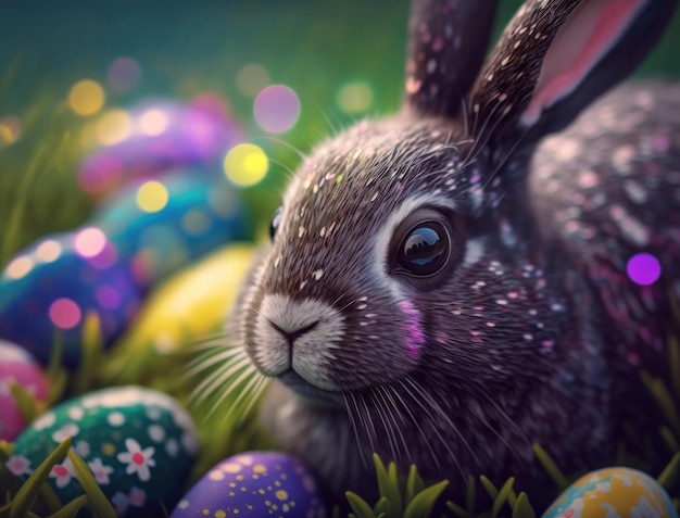 Happy Easter background concept Bunny with easter eggs on meadow with flowers created with Generative AI technology