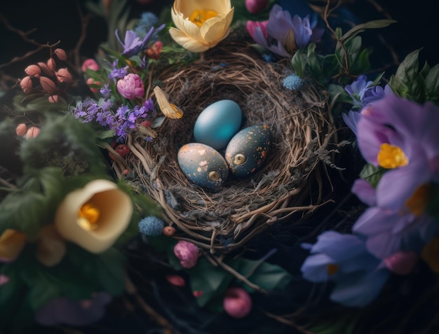 Happy Easter background concept with easter eggs in nest and spring flowers created with Generative AI technology