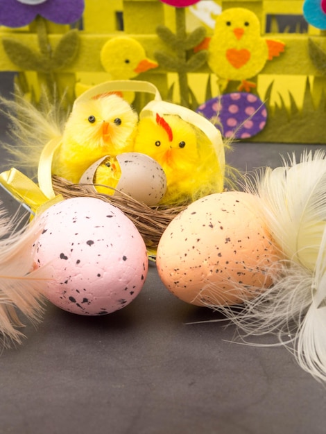 Happy easter background Easter eggs and yellow chick Eggs and chicken as Easter symbol greetings