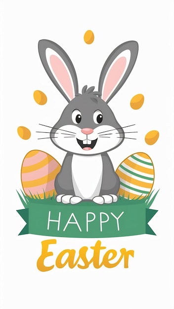 Photo happy easter banner with rabbit and eggs cartoon style