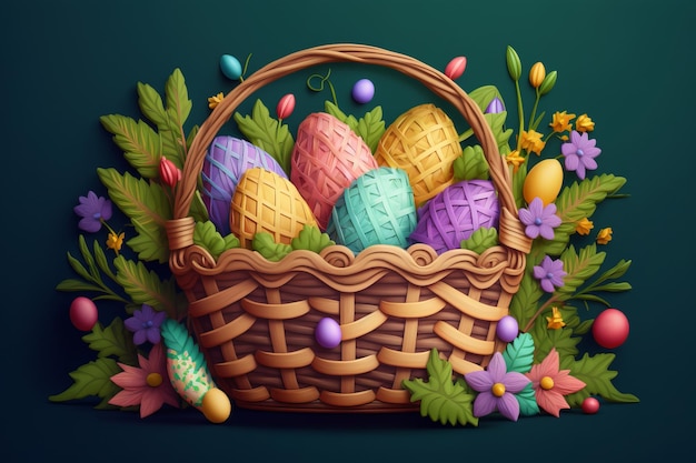 Happy Easter basket and many pastel color Easter eggs