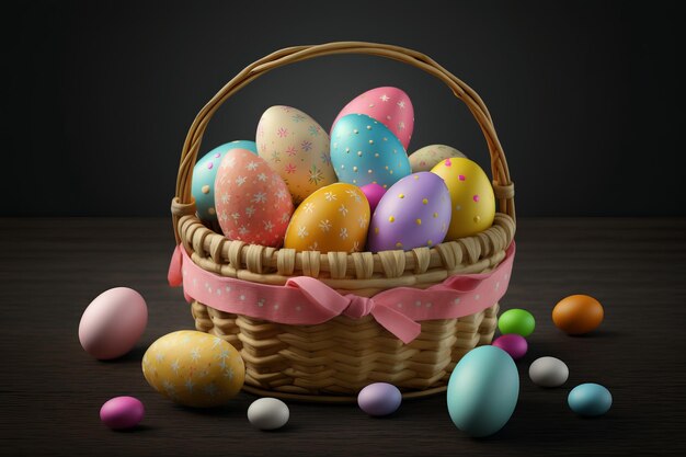 Happy Easter basket and many pastel color Easter eggs