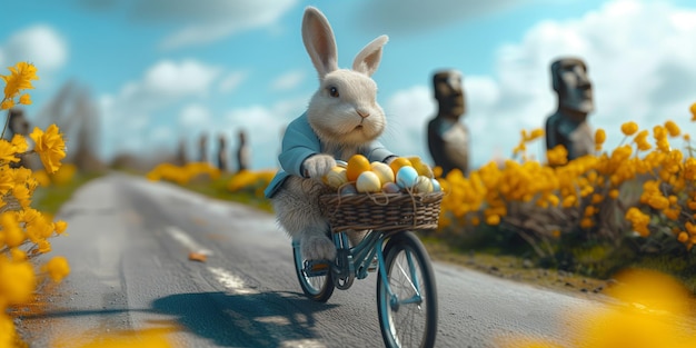 Happy Easter Bunny riding a retro bicycle with a basket of eggs on Rapa Nui Easter Island