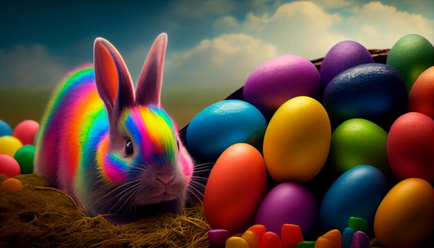 Happy Easter bunny with many colorful easter eggs AI generative