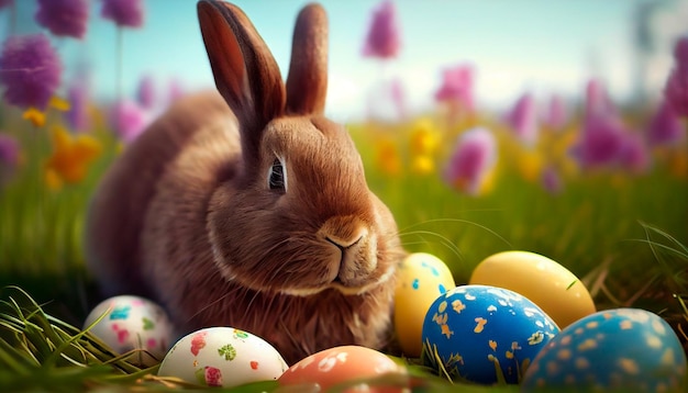 Happy Easter bunny with many colorful easter eggs AI generative