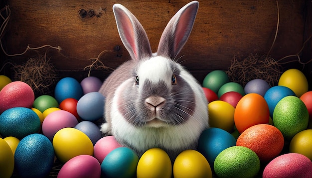 Happy Easter Bunny with Many Colorful Easter Eggs Generative AI