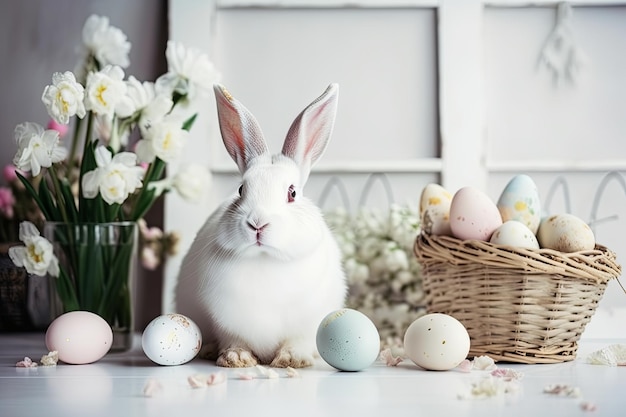 Happy Easter bunny with many pastel color Easter eggs