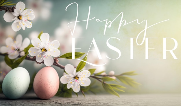 Happy Easter card concept Pastel Easter eggs and spring apple blossoms Generative AI