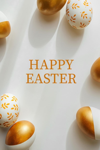 Happy Easter card Easter golden eggs on on white background Holiday concept