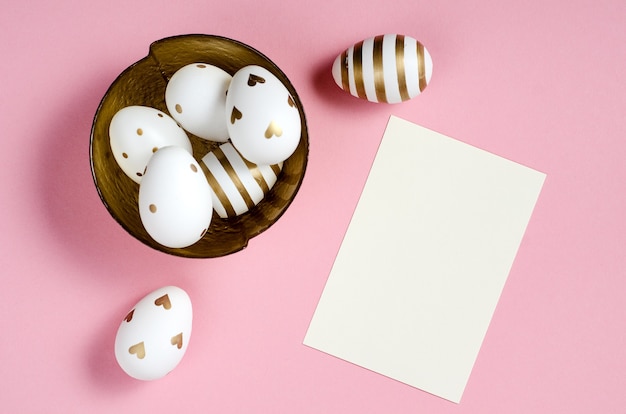 Happy Easter card mockup with eggs on pink background