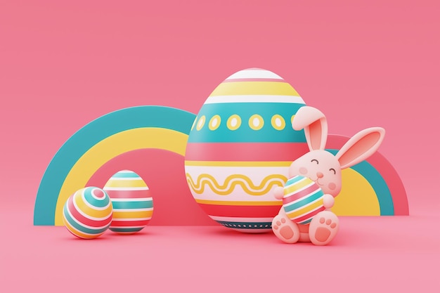 Happy Easter colorful background with easter eggs and easter bunnyInternational Spring Celebrationminimal style3d rendering