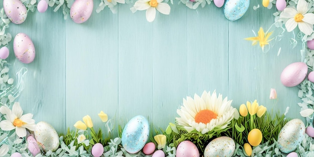 Happy Easter Colorful Easter Eggs Easter decoration Congratulatory easter background Easter eggs and flowers Background with copy space banner Generative Ai