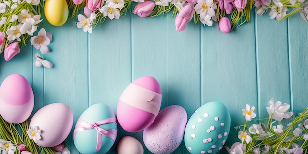 Happy Easter Colorful Easter Eggs Easter decoration Congratulatory easter background Easter eggs and flowers Background with copy space banner Generative Ai