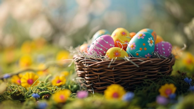 Happy Easter Colorful eggs in wicker baskets in open air Holiday background with copyspace