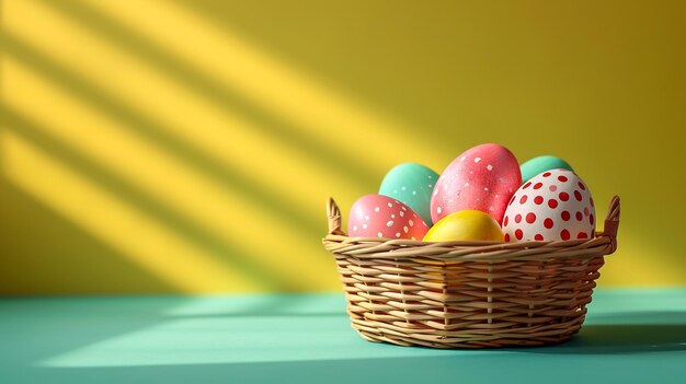 Happy Easter Colorful eggs in wicker baskets in open air Holiday background with copyspace