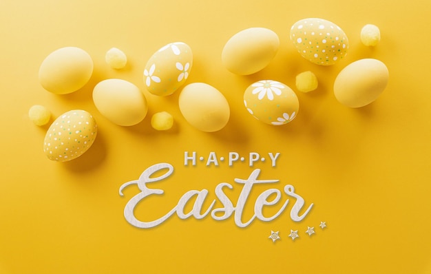 Happy easter Colourful Easter eggs on yellow background Decoration concept for greetings and presents on Easter Day celebrate time