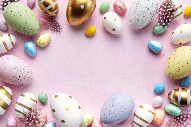 Happy Easter concept Flat lay Easter eggs on pink concrete background