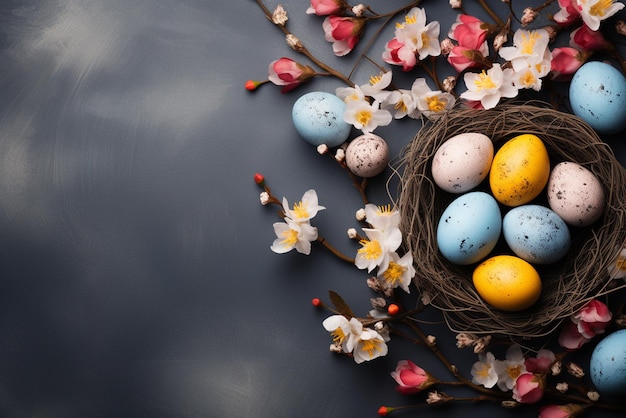 A happy easter concept with easter eggs and flower