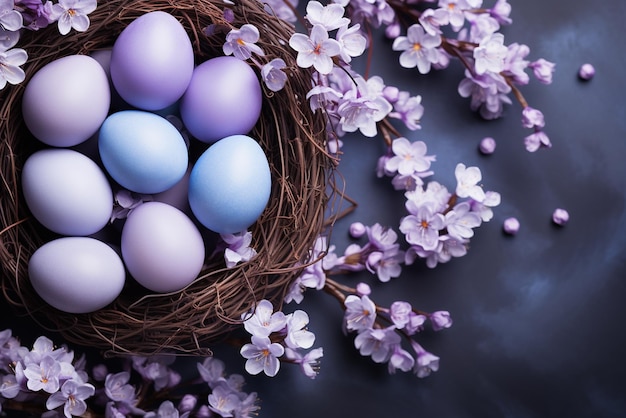 A happy easter concept with easter eggs and flower