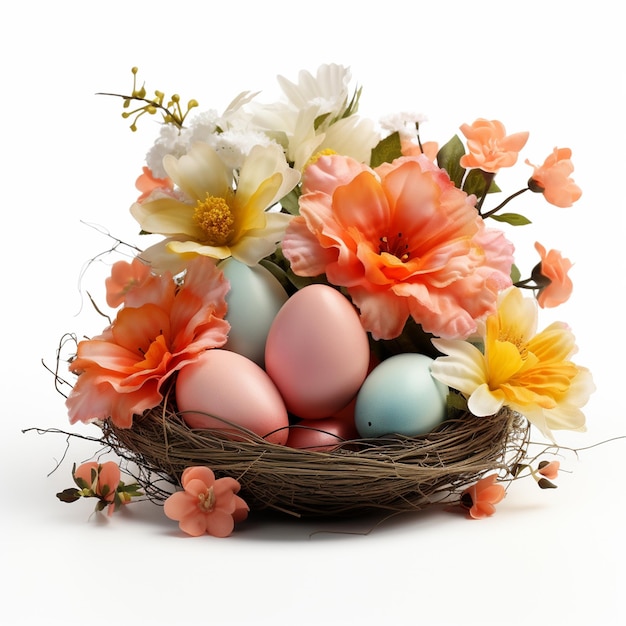 A happy easter concept with easter eggs and some flower in nest