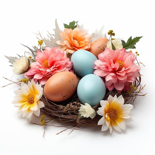 A happy easter concept with easter eggs and some flower in nest