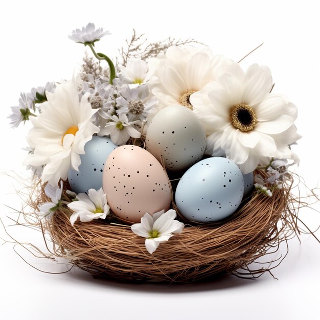 A happy easter concept with easter eggs and some flower in nest