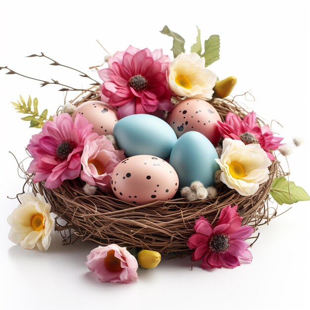 A happy easter concept with easter eggs and some flower in nest