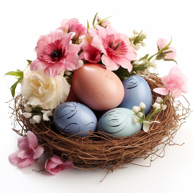 A happy easter concept with easter eggs and some flower in nest