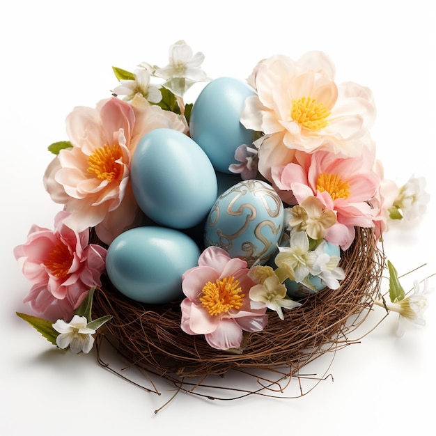 A happy easter concept with easter eggs and some flower in nest