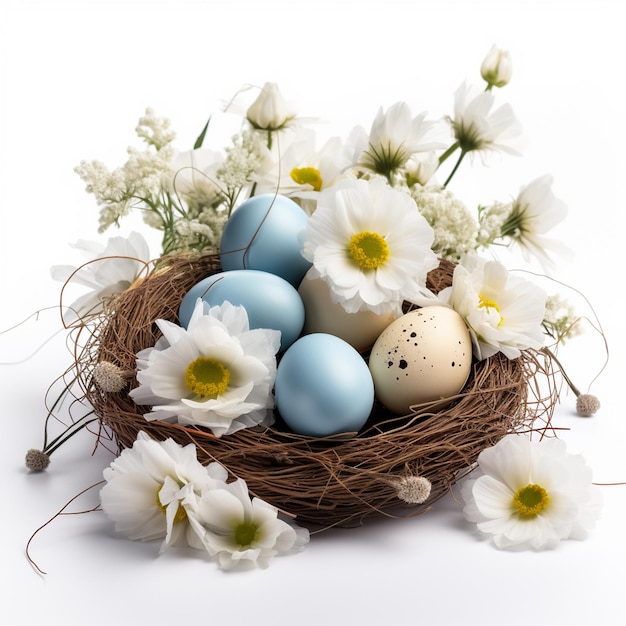 A happy easter concept with easter eggs and some flower in nest