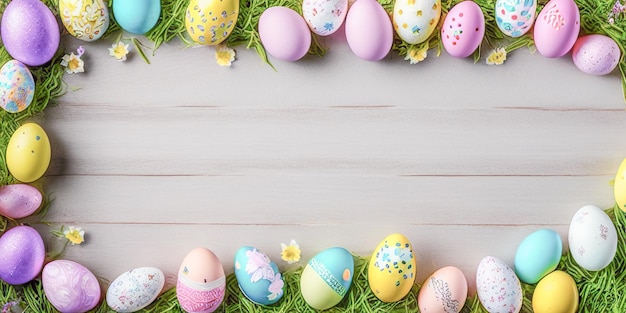 Happy Easter concept with easter eggs and spring flowers Decorated easter eggs in grass with flowers Easter background with copy space Easter eggs arrangement Generative Ai