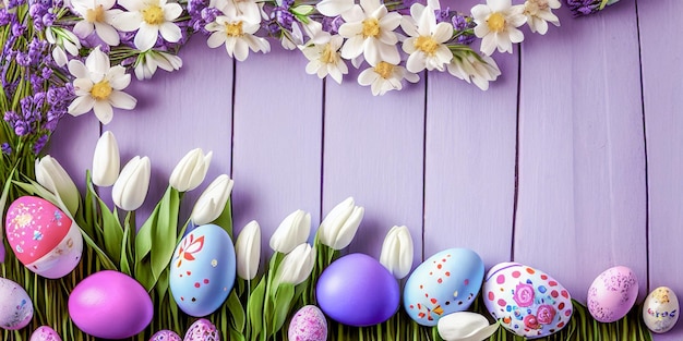 Happy Easter concept with easter eggs and spring flowers Decorated easter eggs in grass with flowers Easter background with copy space Easter eggs arrangement Generative Ai