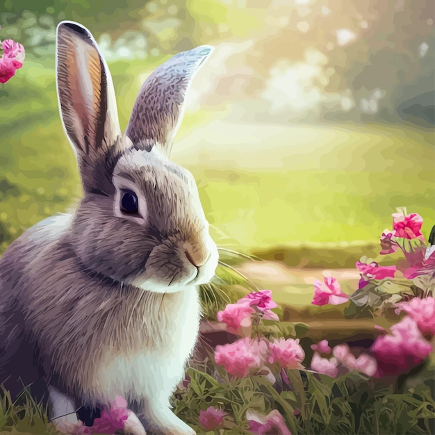 Happy Easter cute beautiful Easter Bunny in a sunny meadow in flowers decorated Easter card greeting card in pastel