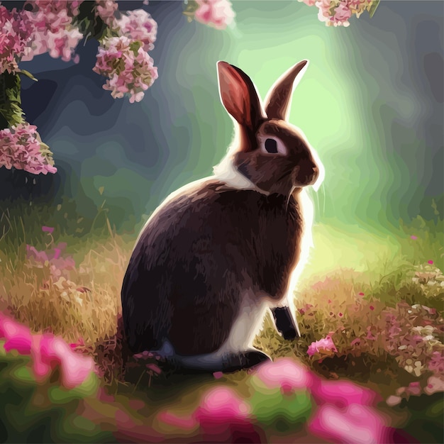 Happy Easter cute beautiful Easter Bunny in a sunny meadow in flowers decorated Easter card greeting card in pastel