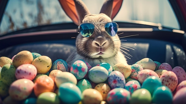 Happy easter Cute bunny in sunglasses with colorful easter eggsgenerative ai