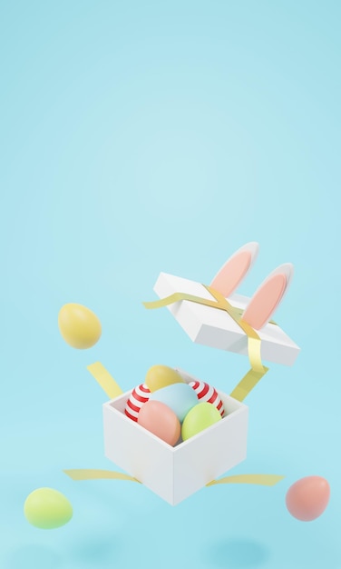 Happy Easter cute cartoon Easter composition gift open box Bunny ears and painted eggs on a delicate background 3D illustration