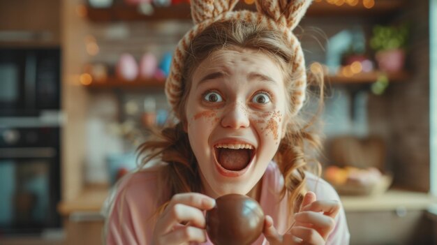 Photo happy easter cute girl with bunny ears open breaking chocolate egg with surprise lifestyle light