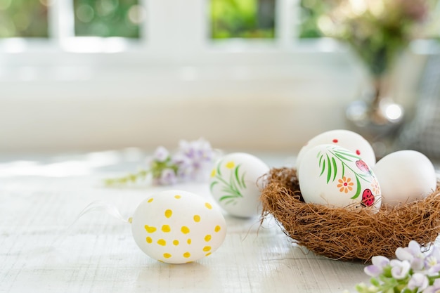 Happy Easter Day in April. Colorful of painting eggs for celebrate and home decoration.