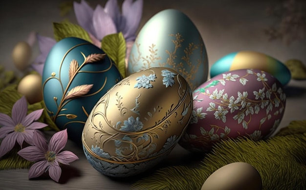 happy easter day background with spring Easter eggs in a wicker nest