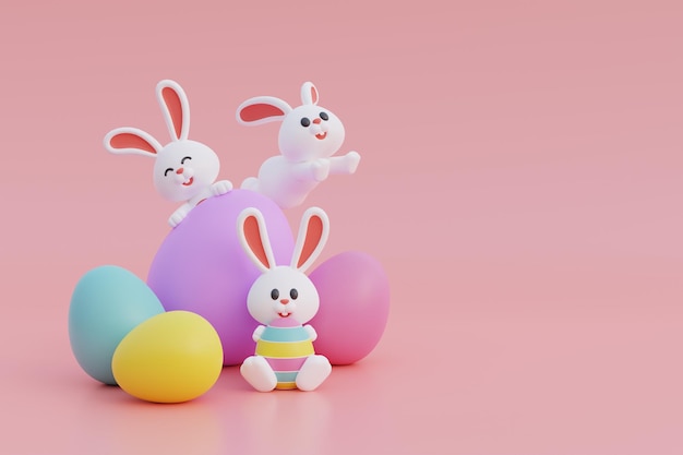 Happy Easter day Colorful easter eggs with cute bunny International Spring Celebration 3d rendering