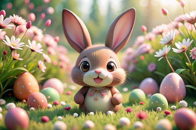 Happy Easter day Cute bunny with Pink and chocolate easter eggs International Spring Celebration 3d rendering