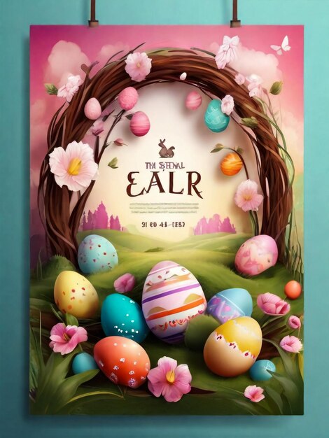 Happy Easter day Festive realistic design with colorful eggs easter bunny Creative holiday composition Banner and poster Brochure and flyer Vector illustration