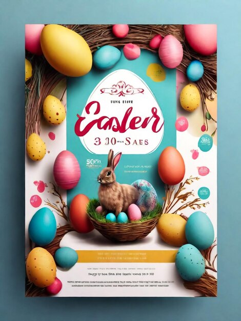 Happy Easter day Festive realistic design with colorful eggs easter bunny Creative holiday composition Banner and poster Brochure and flyer Vector illustration