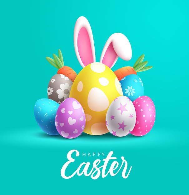 Happy easter day vector design. Holiday easter with pattern colorful eggs and bunny ears elements.