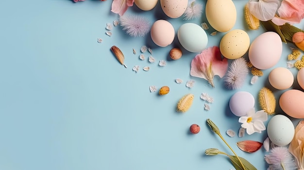 Happy Easter Day with colorful eggs and flowers on pastel background