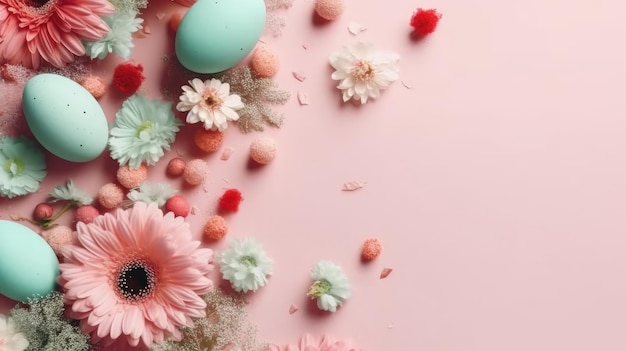 Happy Easter Day with colorful eggs and flowers on pastel background