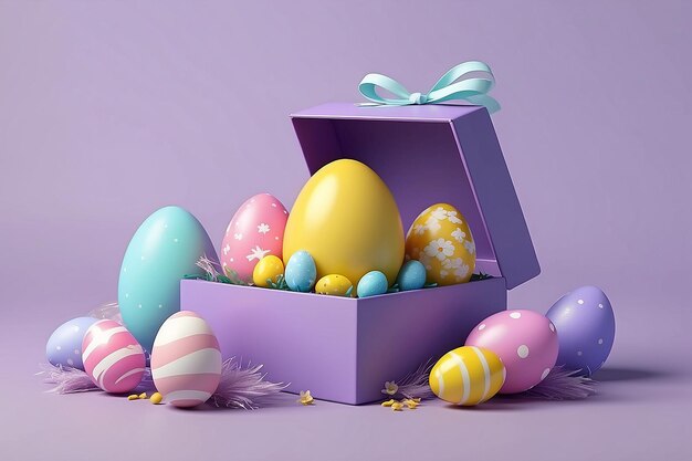 Photo happy easter day with gift box easter egg easter egg on pastel purple background 3d render