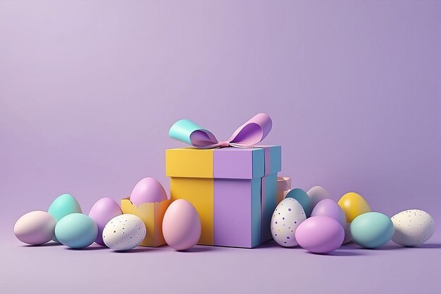 Photo happy easter day with gift box easter egg easter egg on pastel purple background 3d render